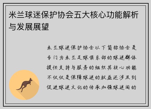 米兰球迷保护协会五大核心功能解析与发展展望